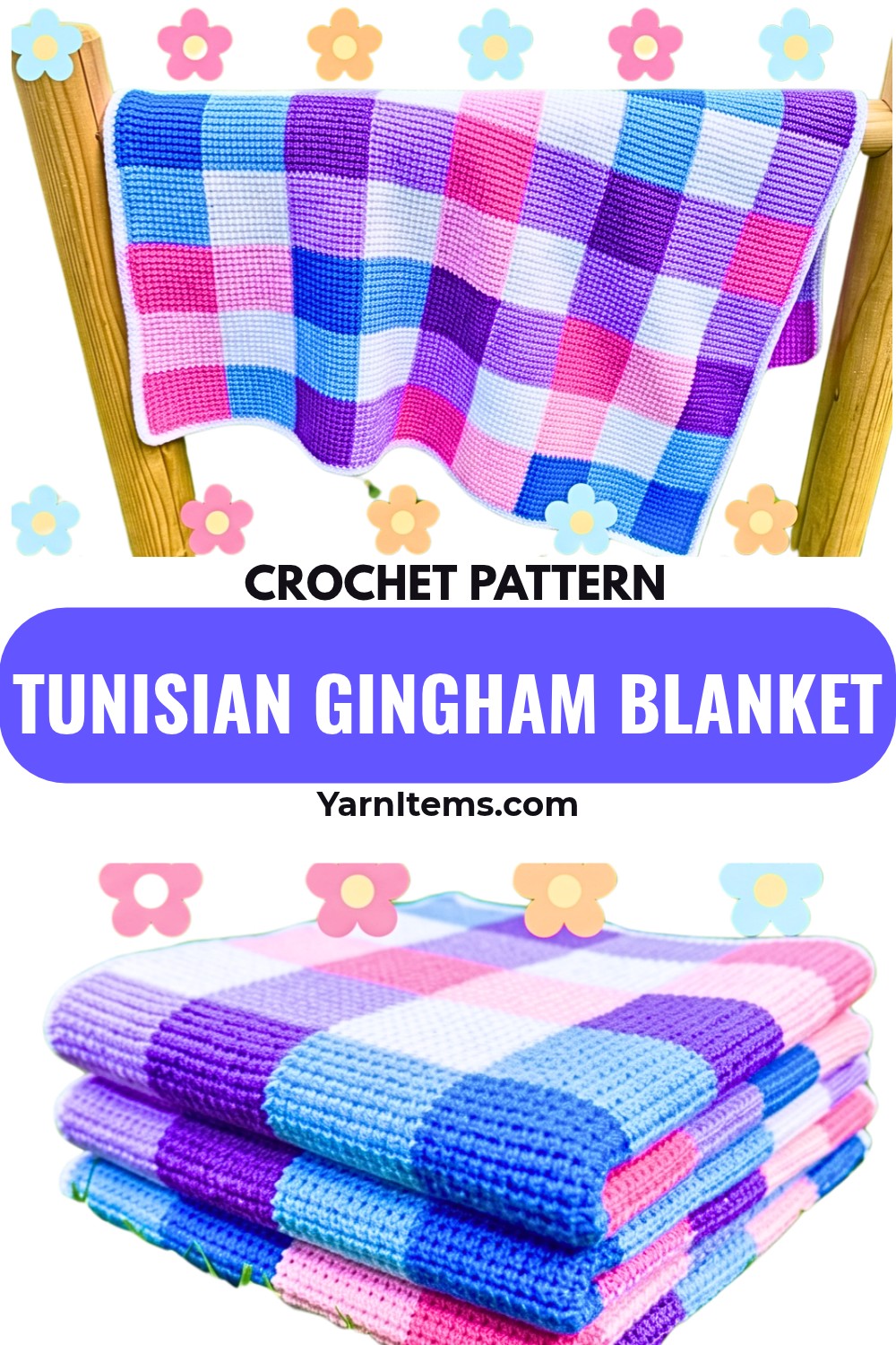 Tunisian Gingham Blanket Crochet Pattern with Join-As-You-Go Squares