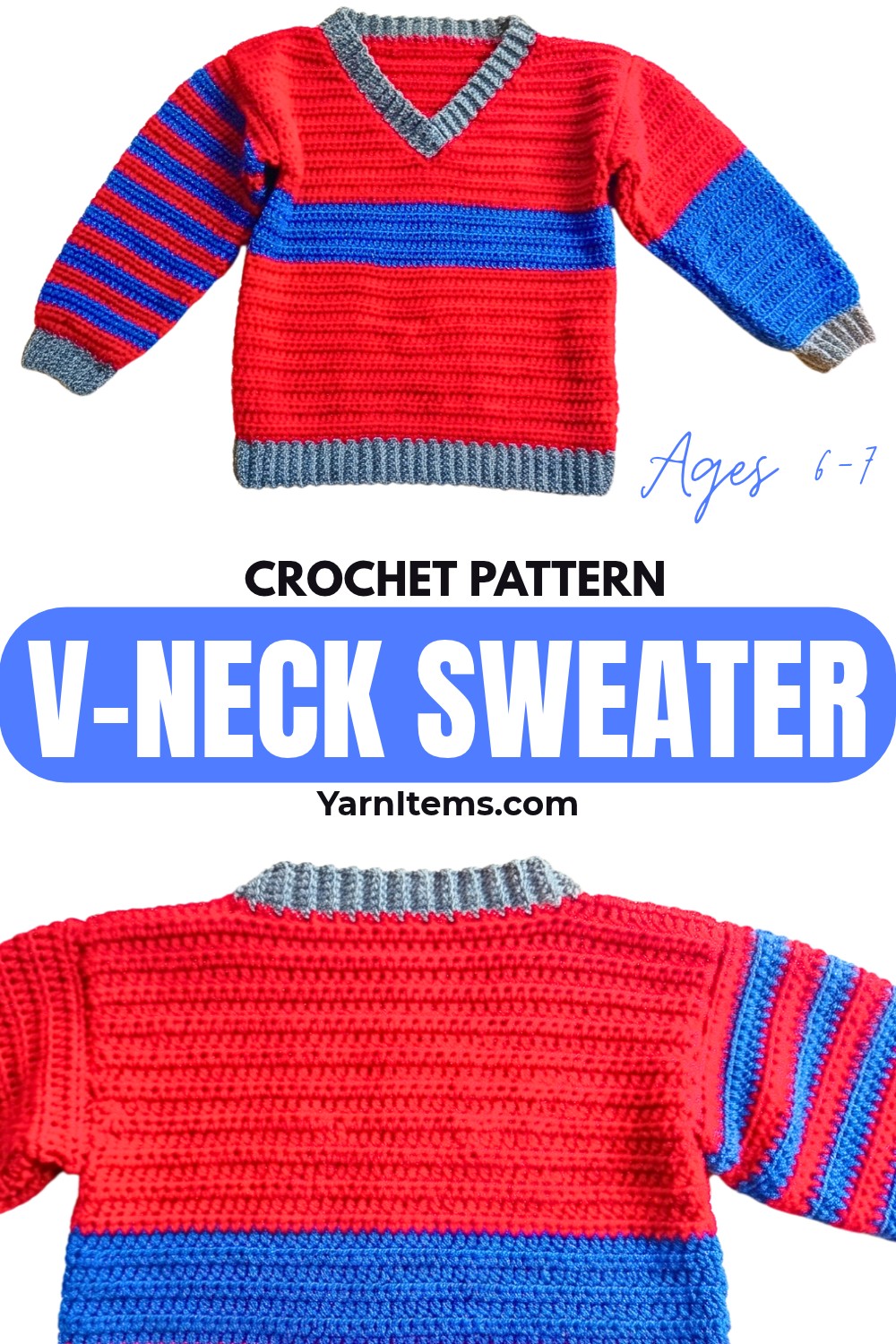 V-Neck Crochet Sweater Pattern for Children Ages 6–7