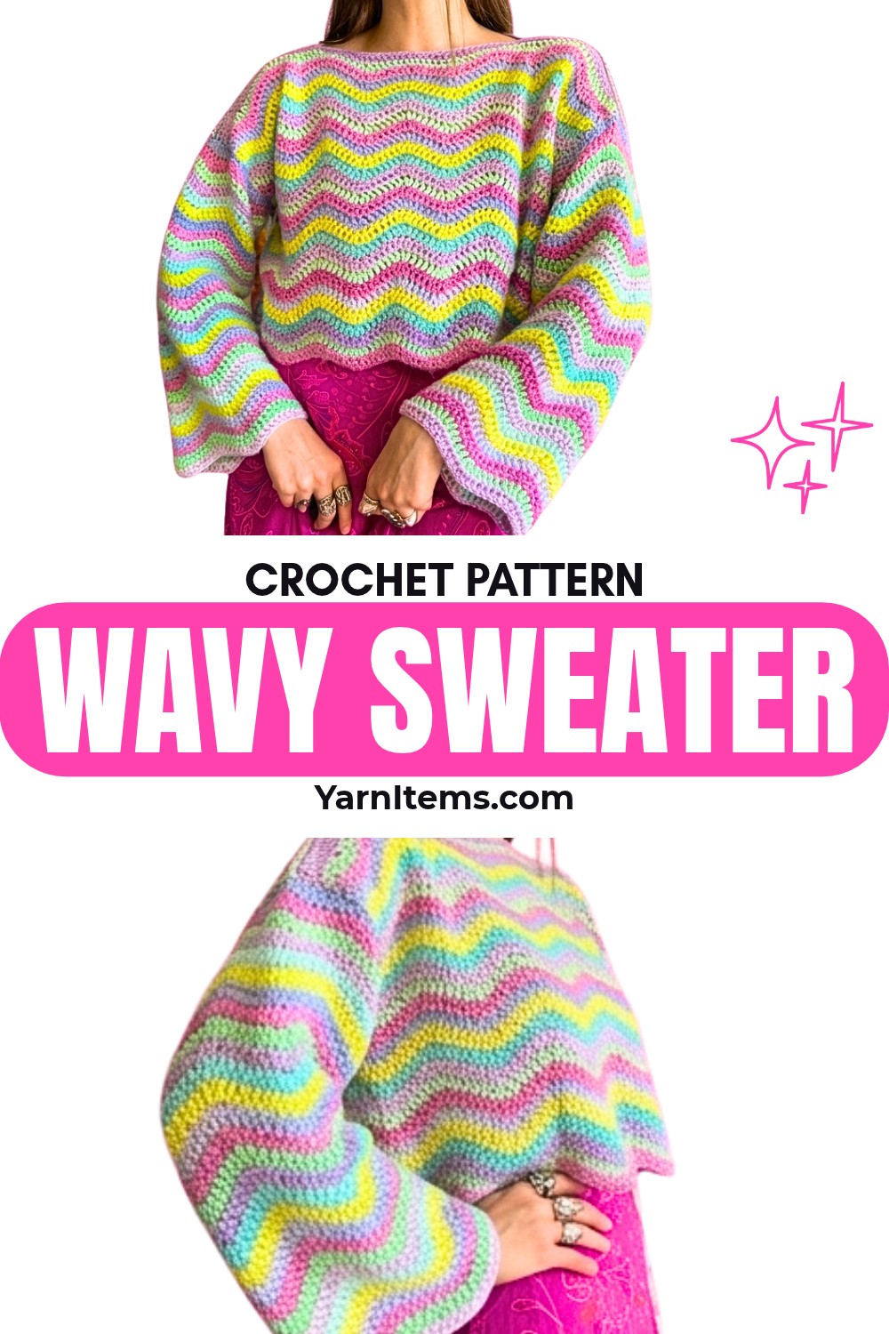 Wavy Crochet Sweater Pattern with Oversized Fit & Colorful Waves
