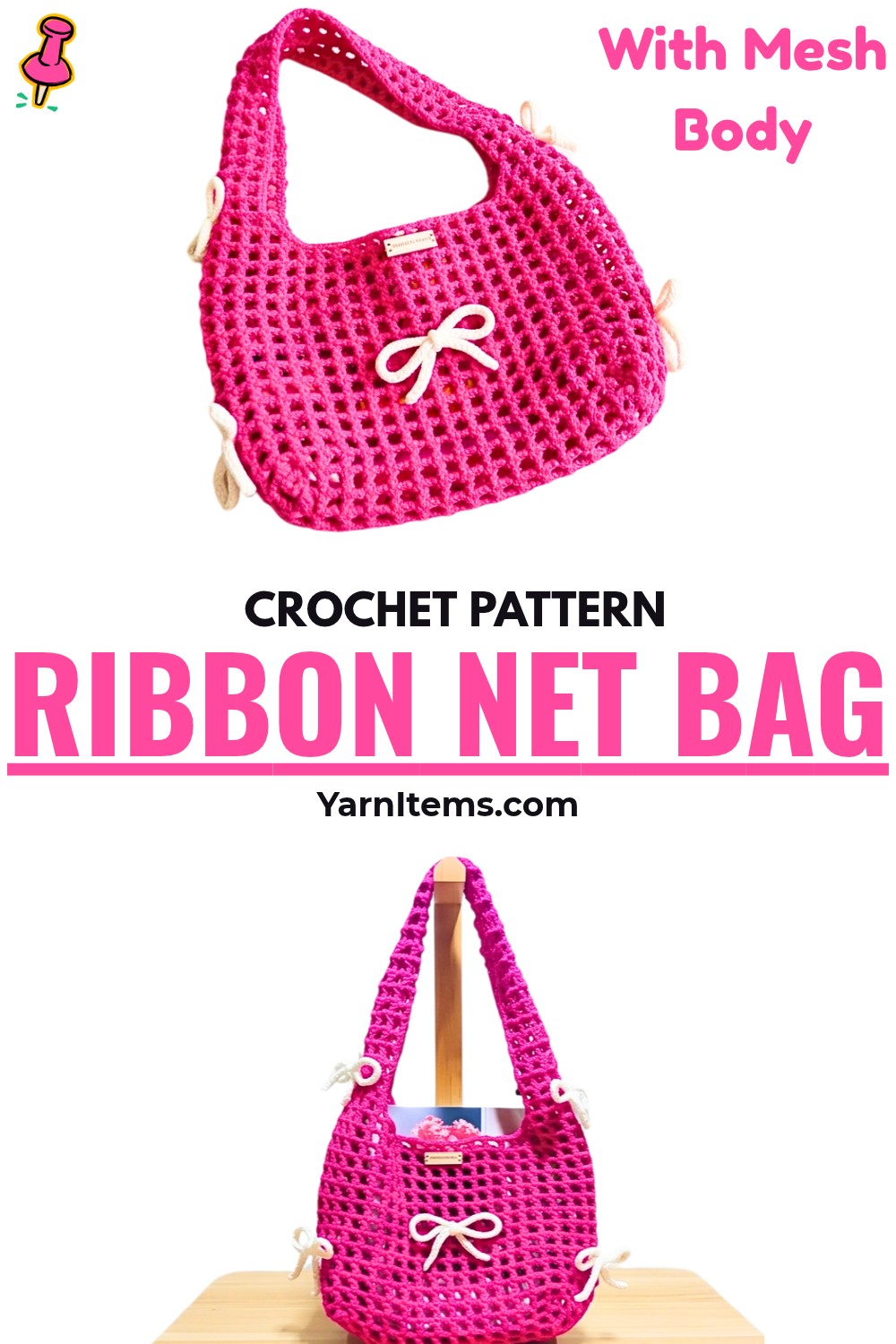 Crochet Ribbon Net Bag with Mesh Body & Decorative Bows