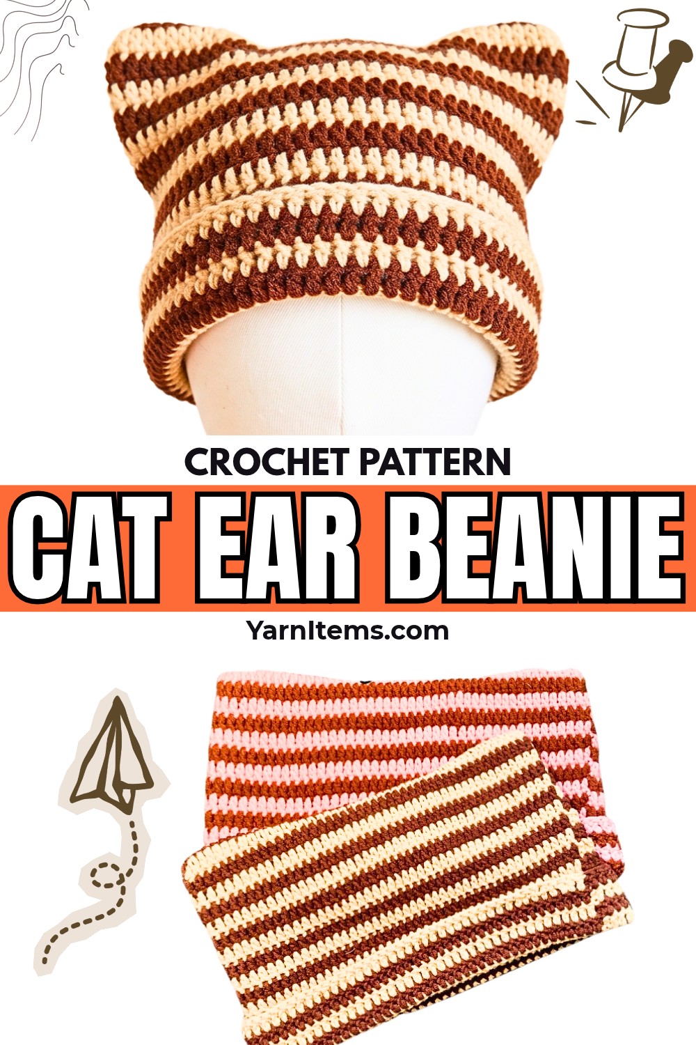 Easy Crochet Cat Ear Beanie Pattern with Stripes
